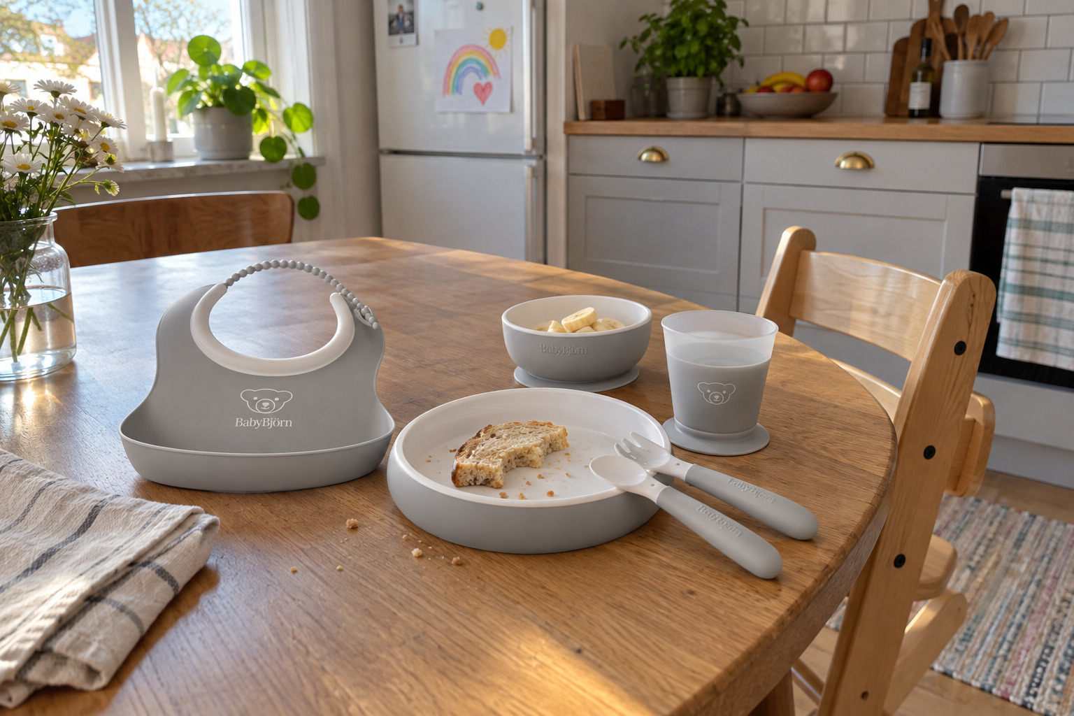 Skål, lång matningssked och formstabil haklapp i BabyBjörn Matset 3-delar
